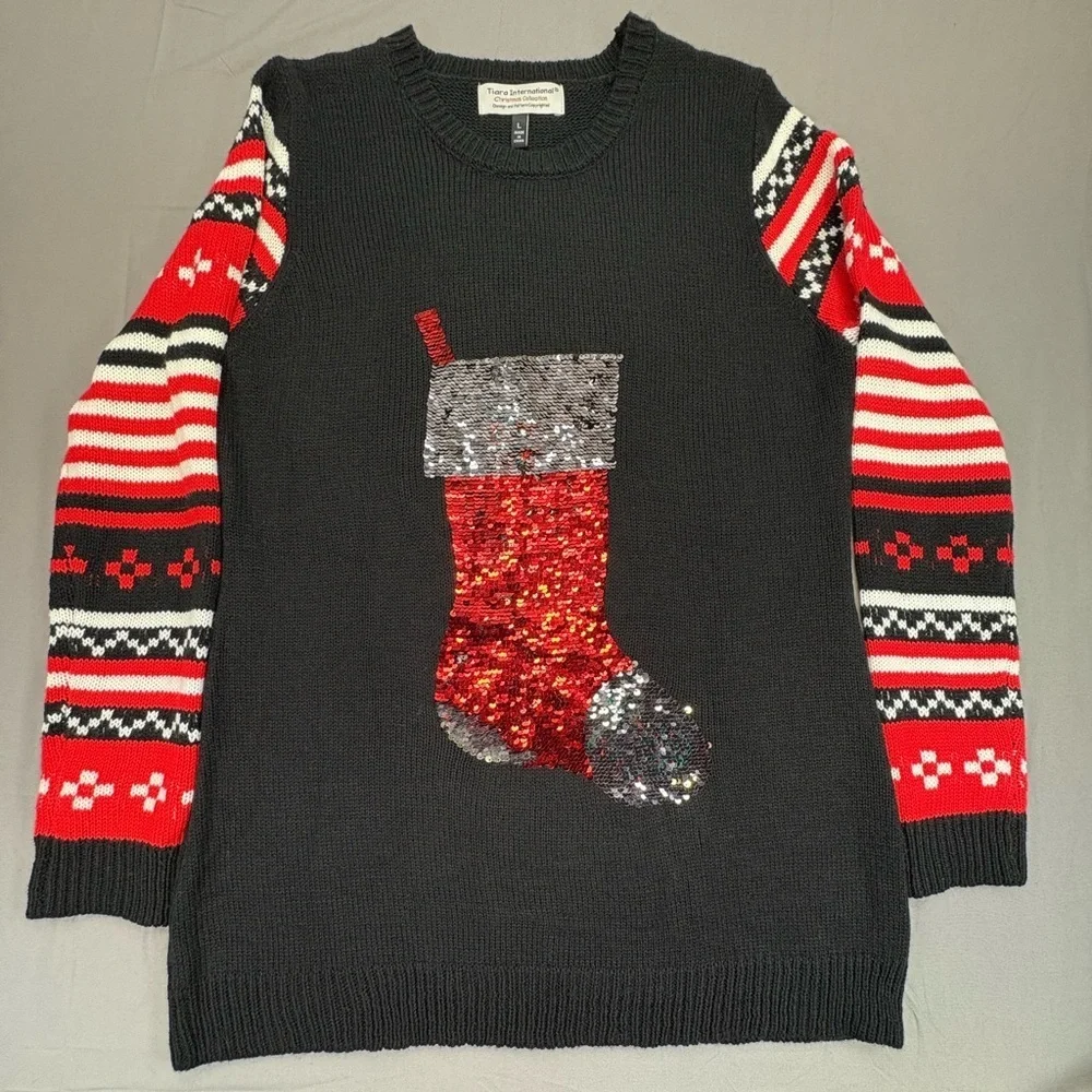 Tiara International UglyChristmas Collection Sweater Women’s LG Sequin Stocking - Picture 1 of 11